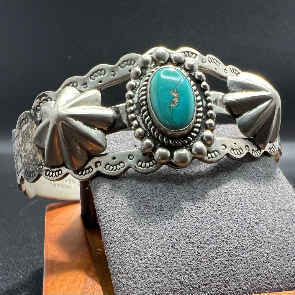 Vintage Nickel Silver Turquoise Native American Cuff Stamped Applied Stars
